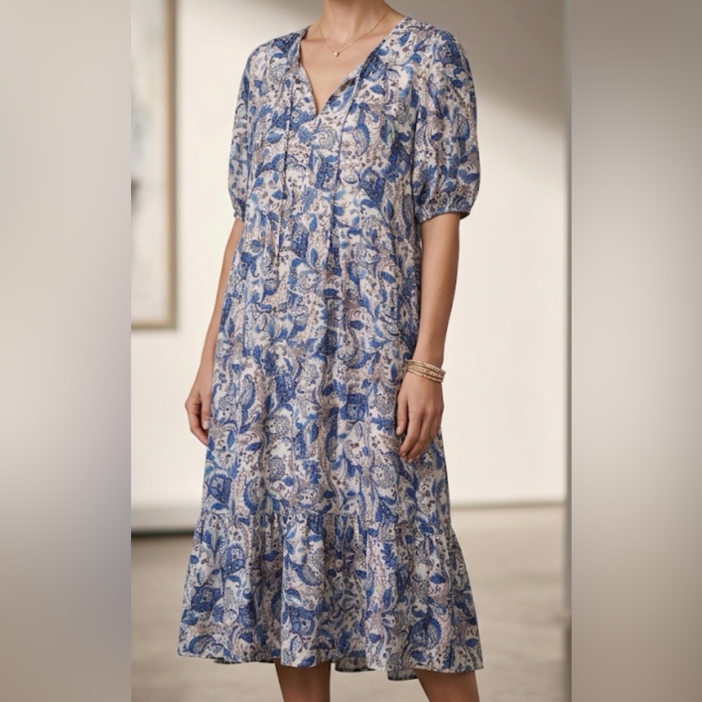 Persona By Marina Rinaldi Blue Paisley Tiered Viscose Midi Dress Us 14 N.O.W.